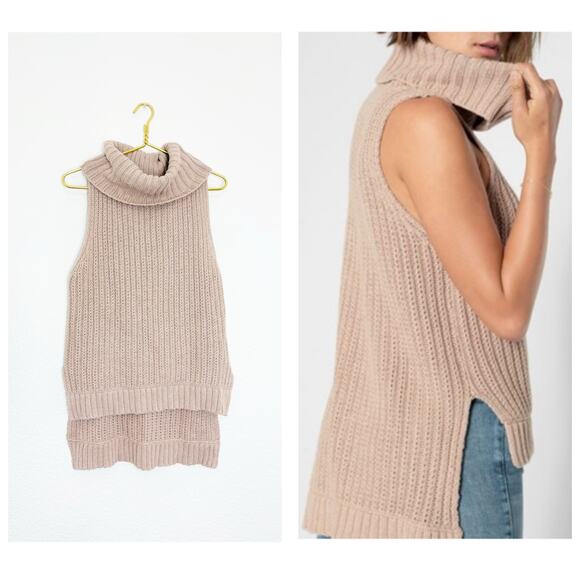 7 For All Mankind Tan Knit Sleeveless Sweater Sz Medium Turtleneck Quiet Luxury - Picture 1 of 12